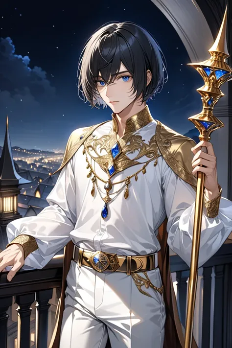 MASTERPIECE, BEST QUALITY, ULTRA DETAILED, HIGH DEFINITION, ILLUSTRATION, HYPER DETAILED, ALONE, (wizard), (male),1boy, slim, short hair, bob cut, dark blue eyes, black hair. Outfit: loose white pants, gold belt, white shirt with silver details, long sleev...