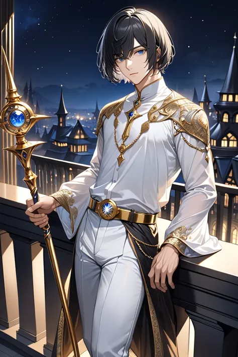 MASTERPIECE, BEST QUALITY, ULTRA DETAILED, HIGH DEFINITION, ILLUSTRATION, HYPER DETAILED, ALONE, (wizard), (male),1boy, slim, short hair, bob cut, dark blue eyes, black hair. Outfit: loose white pants, gold belt, white shirt with silver details, long sleev...