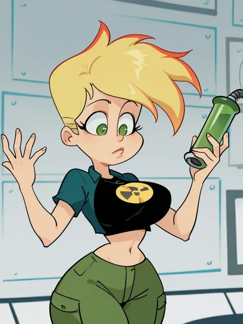 Johnny_Test, streaked_hair,
1girl, blonde_hair, solo, short_hair, large_breasts,, green_tube_top, green_eyes, midriff, 