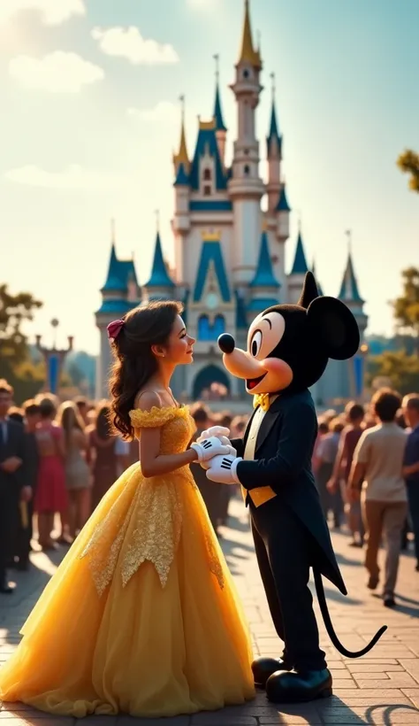 "Ultra-detailed, photorealistic full-body shot of Belle (realistic human form, golden ballroom gown) and Mickey Mouse (realistic, human-like features, formal suit) standing face-to-face in front of a grand, realistic blue Disney castle. A bustling crowd of...