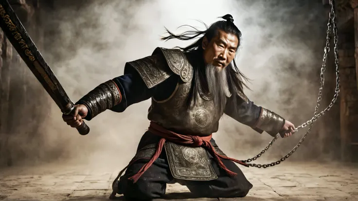 An old Mongolian warrior who, although old, It's still strong and preserved. with anger, Try to free yourself. It is tied with chains in a rusty dungeon with dramatic and faint light that touches dust particles in space.