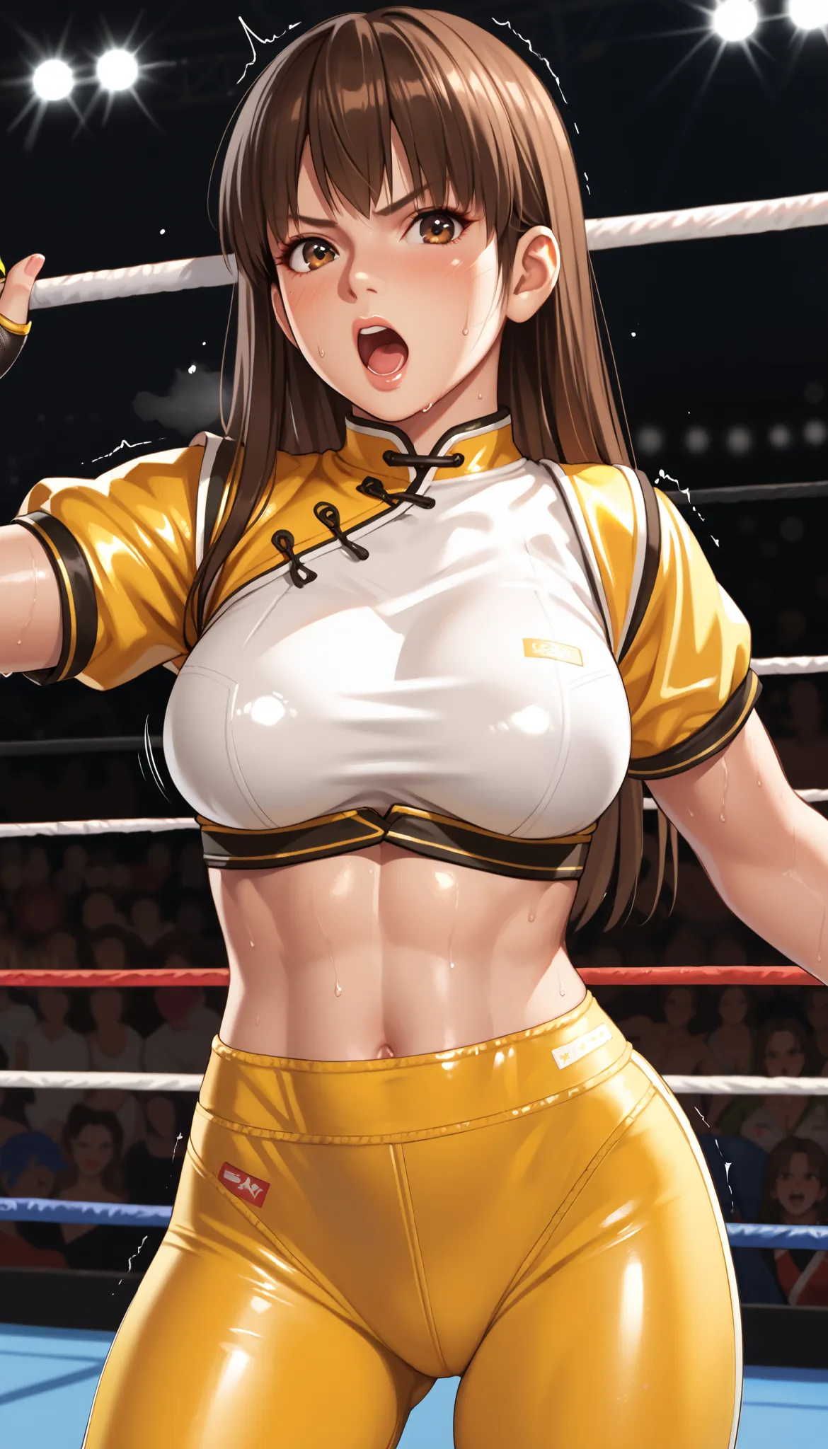 LeiFangDOA, brown hair, (long brown straight hair:1.4), crop top, yellow leggings, short sleeves, fingerless gloves, breasts, looking at viewer, gasp, be breathless, sweat, sparkling sweat, trembling, brown eyes, breasts, [[angry]], blush, {anguish}, {{sha...