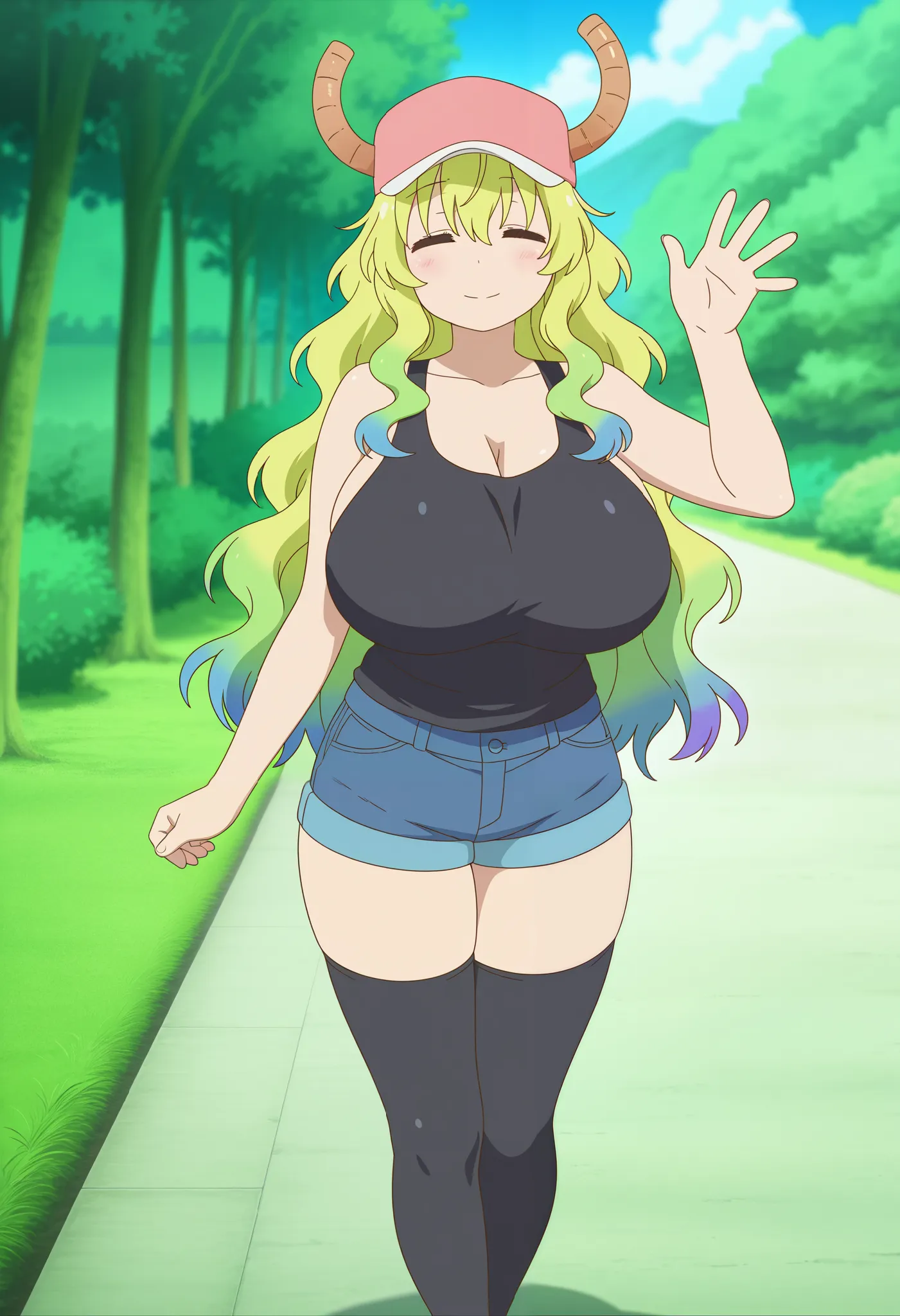 official art, anime coloring, 1girl, lucoa (maidragon), closed eyes, light smile, huge breasts, baseball cap, black tank top, denim shorts, black thighhighs, outdoors, waving, masterpiece, best quality, amazing quality, very aesthetic, absurdres, newest