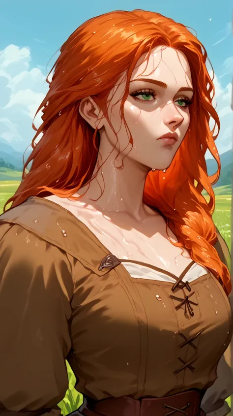  Redheaded Woman,  red and orange hair, long hair, straight hair,  wet hair,  green eyes, in a field, peasant clothing, brown clothes, medieval period, Did red orange hair remain on the face,  expressionless face ,  from the front