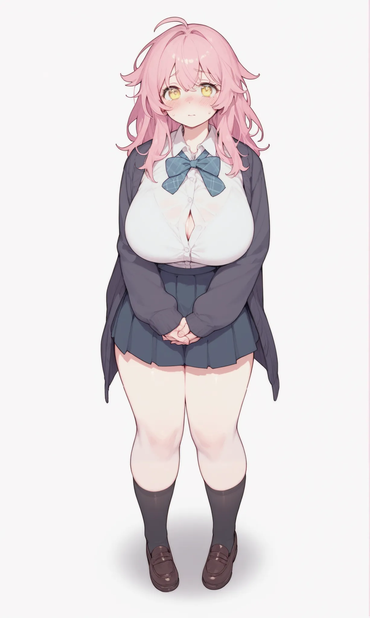 school girl, messy pink hair, huge boobs, cleavage, short skirt, thick thighs, stockings, blush, yellow eyes, shy, holding her hands together, 