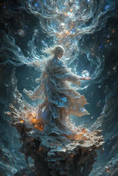 In a quantum void, floating islands of fractured reality twist and shimmer with iridescent light. A woman in a flowing, silver robe with fractal patterns stands on one island, her outstretched hand manipulating glowing orbs of energy. The vertical composit...