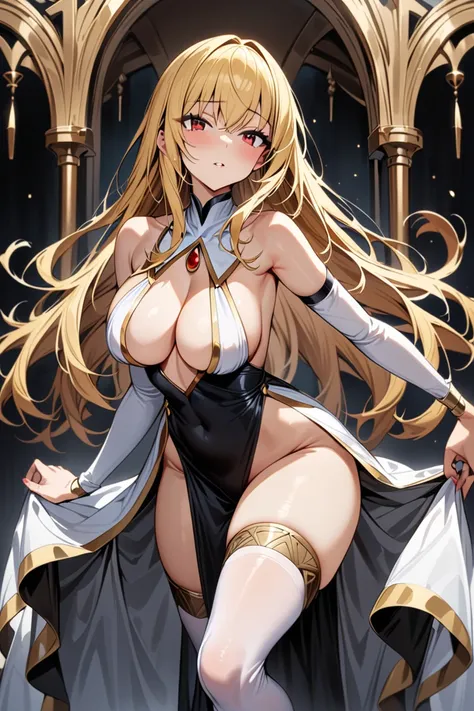 MASTERPIECE, BEST QUALITY, ULTRA DETAILED, HIGH DEFINITION, ILLUSTRATION, HYPER DETAILED, ALONE, 1 girl, slender, medium-large breasts, red eyes, blonde hair, long hair, bangs. Outfit: priestess dress, thigh high stockings, white stockings, tight black dre...