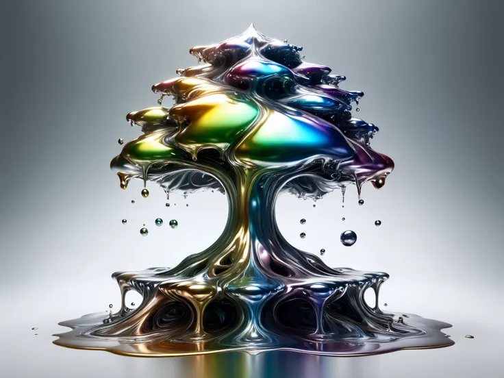 [An elm tree rising from a pool of liquid metal with rainbow hues, Very shiny, Smooth surface texture, polished surface, reflective, Front 45 degree angle, Inlay ral-chrome, PhotoPractical, HyperPractical, Ultra Detailed, Analog style, Delicate skin, matte...