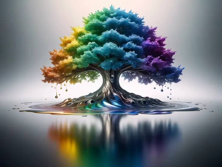 [An elm tree rising from a pool of liquid metal with rainbow hues, Very shiny, Smooth surface texture, polished surface, reflective, Front 45 degree angle, Inlay ral-chrome, PhotoPractical, HyperPractical, Ultra Detailed, Analog style, Delicate skin, matte...
