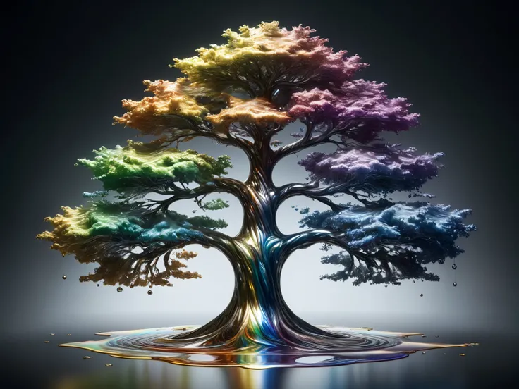 [An elm tree rising from a pool of liquid metal with rainbow hues, Very shiny, Smooth surface texture, polished surface, reflective, Front 45 degree angle, Inlay ral-chrome, PhotoPractical, HyperPractical, Ultra Detailed, Analog style, Delicate skin, matte...