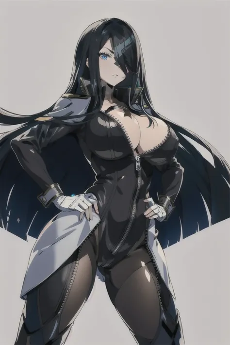 1woman, solo, (masterpiece, best quality:1.4), extremely detailed face, perfect lighting, nice hands, perfect hands, pawoonekoyanagi, hair over one eye, very long hair, black hair, blue eyes, scar, burn scar, only black bodysuit, bodysuit sleeves, black sl...