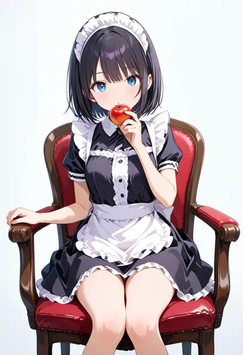 1 girl,maid black hair short hair blue eyes black maid clothes frilly girl sitting on a chair holding an apple indoor background blur glitter effect