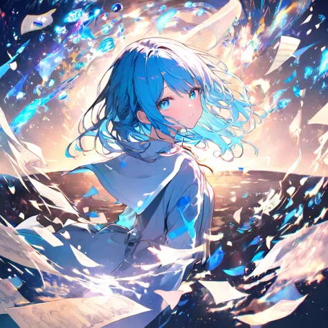 Surrounding it are bubbles of countless words floating like particles of light。The girl is smiling and staring into the distance。The background is an endless blue ocean。 Fantastic、 calm、intellectual、Blue light、Particles of words