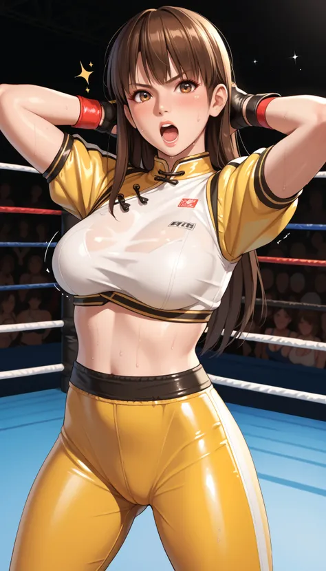 LeiFangDOA, brown hair, (long brown straight hair:1.4), crop top, yellow leggings, short sleeves, fingerless gloves, breasts, looking at viewer, gasp, be breathless, sweat, sparkling sweat, trembling, brown eyes, breasts, [[angry]], blush, {anguish}, {{sha...