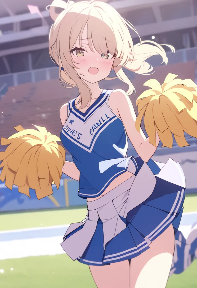 (masterpiece, best quality), 1girl, solo, kawaii, cheerleader, blonde hair, lifted skirt by windy