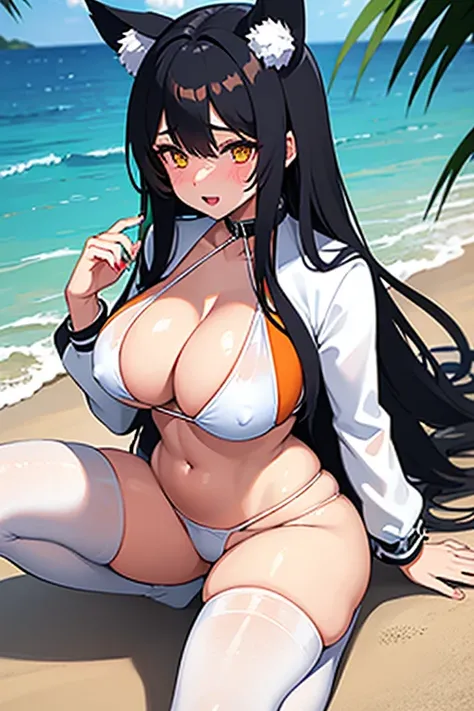 Hot girl, Beautiful long black hair, bright yellow eyes, white Sexy Thong Bikini, cleavage gap, white jacket, big medium breasts, big hips, big thighs,  long white sheer transparent socks, big wolf ears, blush, at a beach