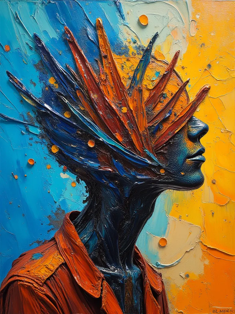 Hollow head close on double exposure featuring inside a bunch of long body beings, Jean Giraud mixed with John Berkey paintings, oil painting, smooth gradient from blue to orange, abstract fragments building the scene textures and ornaments, sci-fi, oil pa...