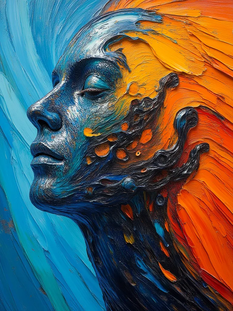 Hollow head close on double exposure featuring inside a bunch of long body beings, Jean Giraud mixed with John Berkey paintings, oil painting, smooth gradient from blue to orange, abstract fragments building the scene textures and ornaments, sci-fi, oil pa...