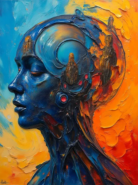 Hollow head close on double exposure featuring inside a bunch of long body beings, Jean Giraud mixed with John Berkey paintings, oil painting, smooth gradient from blue to orange, abstract fragments building the scene textures and ornaments, sci-fi, oil pa...