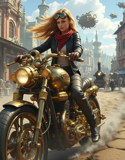 ((maximum quality , photorealism ,16 render ,UHD,HDR color,sci-fi),steampunk стиль) close-up of a girl with blond hair blowing in the wind ,в очках в стиле steampunk( with the advantage of mechanical goggles ), rides a steam bike ( a motorcycle powered by...