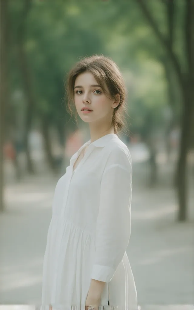 girl,solo, perfect face,wearing a hot, possessing natural elegance, walking along a city park