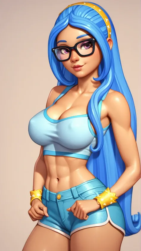 gigi_sh, 1girl, blue hair, long hair, hairband, PJ Shorts, wristband,glassesbig breast,sexy