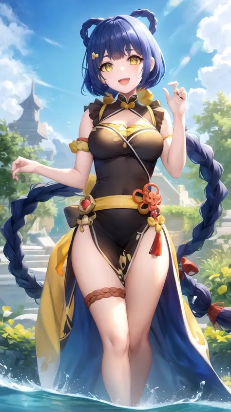 Masterpieces, Best Quality, girl, looking at viewer, genshinxiangling, xiangling, blue hair, braid, braided hair rings, hair ornament, hair rings, hairclip, (yellow eyes:1.5), large breasts, princess connect Re:Dive cosplay, princess Dress, standing, smile...