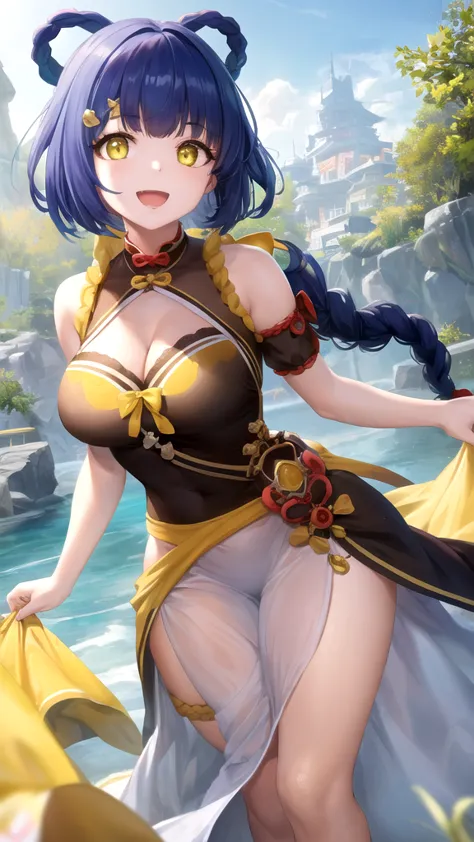 Masterpieces, Best Quality, girl, looking at viewer, genshinxiangling, xiangling, blue hair, braid, braided hair rings, hair ornament, hair rings, hairclip, (yellow eyes:1.5), large breasts, princess connect Re:Dive cosplay, princess Dress, standing, smile...