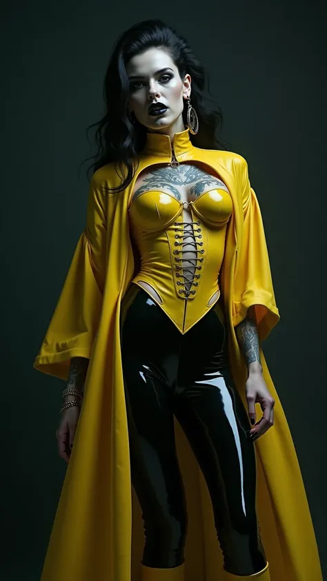 ANGELINA JOLIE, Dominatrix  , pale skin, vampire, nosferatu, dracula, BDSM, blue yellow latex , brilliant, metallic, corps latex noir, longue jupe crayon en latex noir, transparent  latex Japanese latex kimono  , yellow latex over the knee boots ewtrem hig...