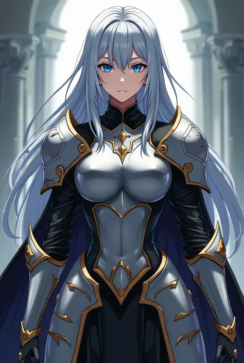 A 20 years old young woman. She was tall and regal, with long, flowing silver hair. She has blue eyes. Her shoulders straight, chin high. She wore a suit of enchanted armor silver...black and golden mixed...body armor...Anime...knight...hair between eyes.....