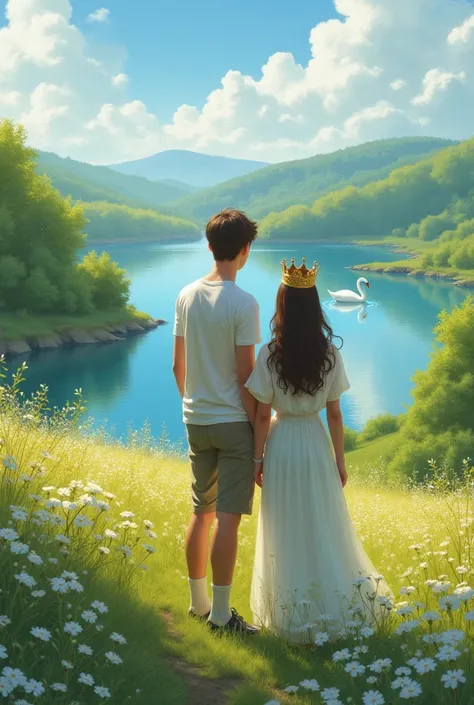 Scene**: x} A young guy is standing on top of a hill, around him are bright green trees and flowering fields.  
- **details**: In the distance, you can see a white swan, sailing on the lake, and next to the guy is a beautiful girl in a crown, symbolizing t...