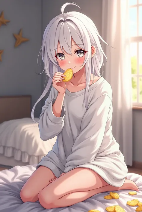 Create an image about A girl, white haired, white eyed, wearing baggy clothes, sitting on a messy bed, sitting W-Sitting pose, looking at me, eating chips, blushed, smiling mischievously and make her 2d or anime style.