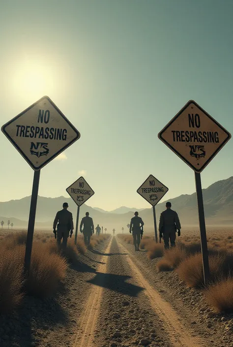 signs that read  "No trespassing" around Area 51 with military vigilantes 