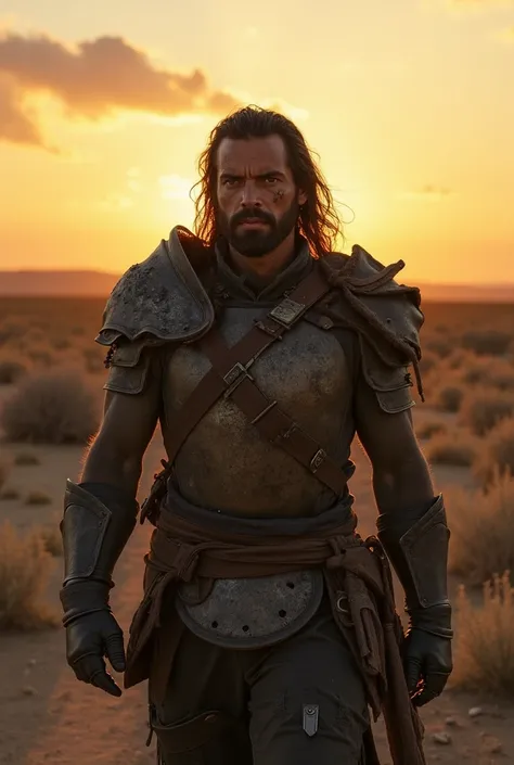 "A battle-worn warrior with scars of past conflicts, eyes filled with regret and a longing for redemption. He wears a tattered, broken armor and carries a sheathed sword, symbolizing his vow to fight only when necessary. The setting is a desolate landscape...