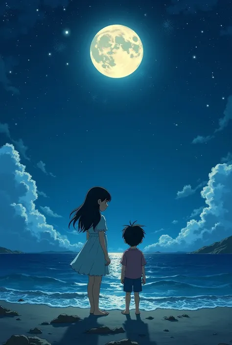 Studio Ghibli poster of a girl and a boy by the sea in the middle of the night