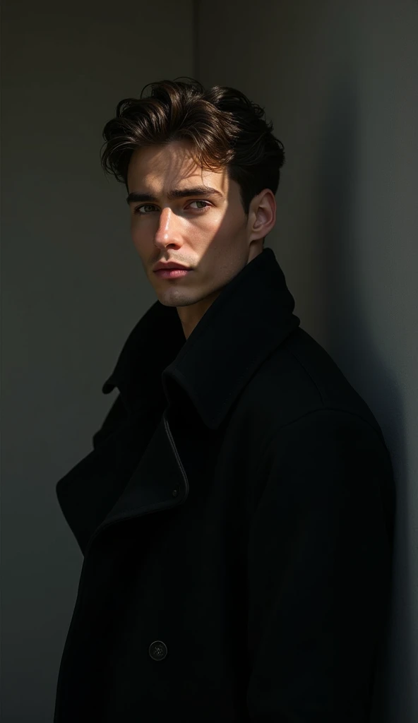 beautiful young man in a black coat, detailed portrait, realistic, photorealistic, studio lighting, cinematic, dramatic, high contrast, chiaroscuro, moody, intense gaze, sharp focus, impeccable details, 8k, high resolution, intricate textures, digital art,...