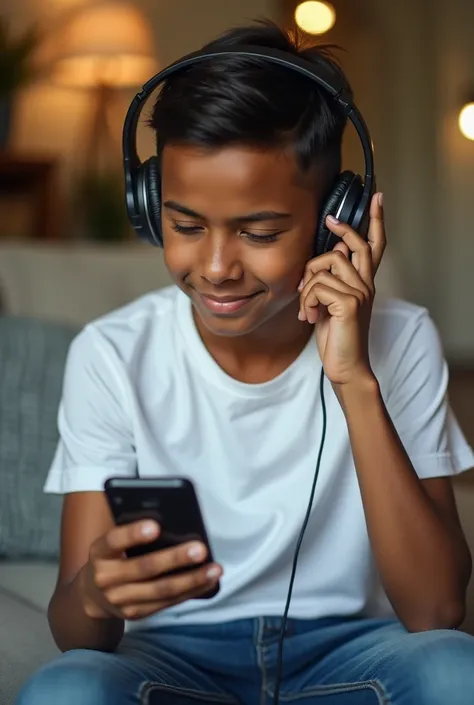  he shows a young boy with mixed race skin, that combines features of different ethnic origins, which gives him a unique and attractive skin tone. He is seated in a relaxed position, with the headphones placed over his ears. The headphones are black with s...