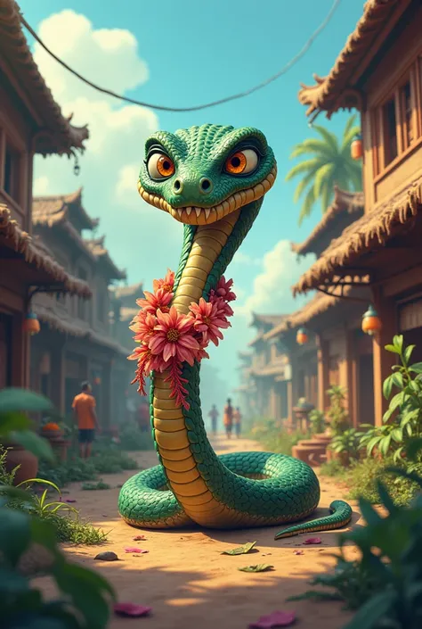 Create a scene of cartonic animated horrific snake wearing flower garland in indian village 