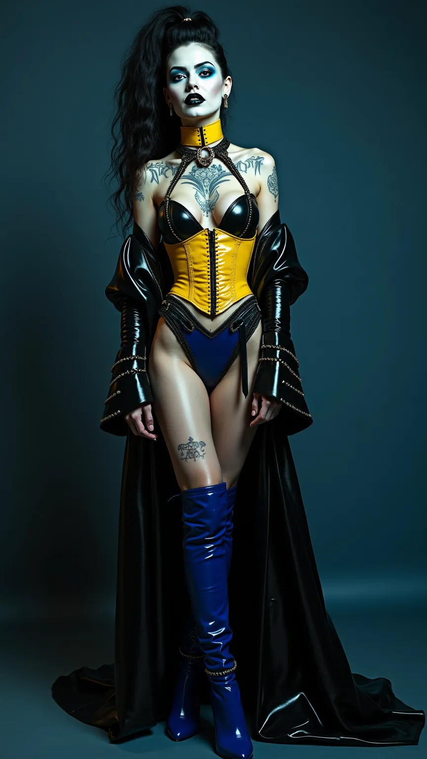 ANGELINA JOLIE, Dominatrix  , pale skin, vampire, nosferatu, dracula, BDSM, blue yellow latex , brilliant, metallic, corps latex noir, longue jupe crayon en latex noir, transparent  latex Japanese latex kimono  , blue latex over the knee boots extrem high ...