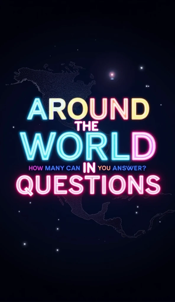 2. "A sleek, dark background with neon-style bold text in bright colors that reads 'Around the World in 5 Questions – How Many Can You Answer?'. The text should pop out with a glowing effect, and faint outlines of continents scattered across the background...