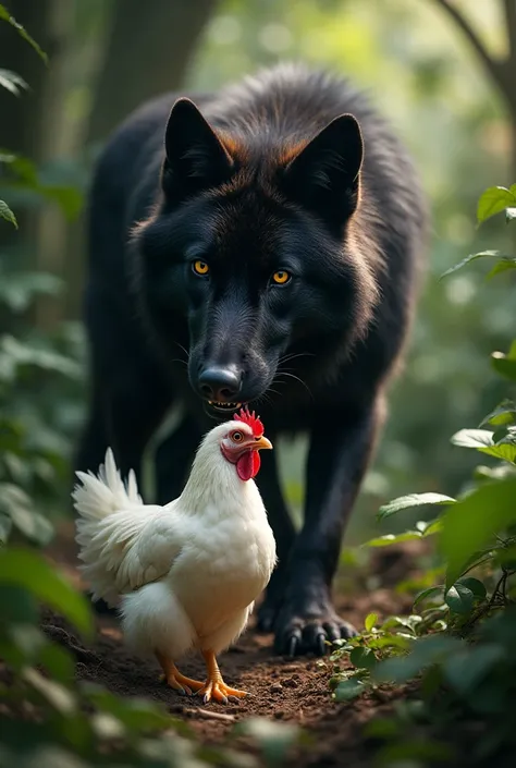 A ferocious Black wolf, its fur a dark, matte black with piercing yellow eyes, suddenly pounces on a vulnerable white hen in the heart of a lush, vibrant jungle, amidst the dappled shadows of towering trees and sprawling ferns, as the hen companion, equall...