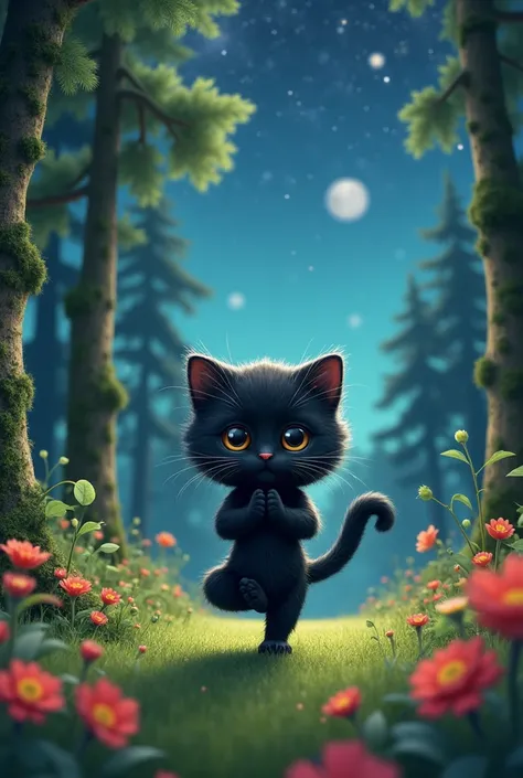 A cute black kitten is doing yoga in a forest in a meadow among beautiful green trees and pines and flowers under a starry sky that shows different planets 