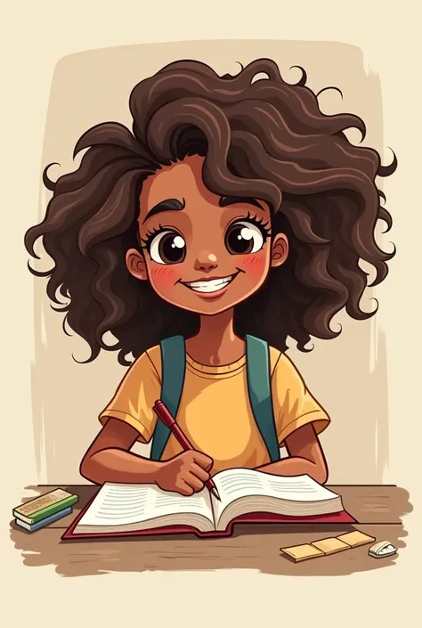 create an image in cartoon format, rectangular, with a  ,  Brown skin, thin curly hair,  brown hair color , studying