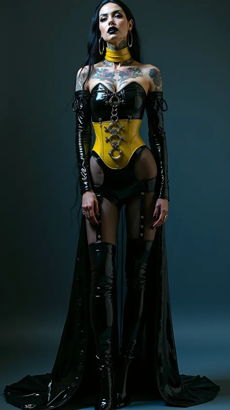 ANGELINA JOLIE, Dominatrix  , pale skin, vampire, nosferatu, dracula, BDSM, blue yellow latex , brilliant, metallic, corps latex noir, longue jupe crayon en latex noir, transparent  latex Japanese latex kimono  , blue latex over the knee boots extrem high ...