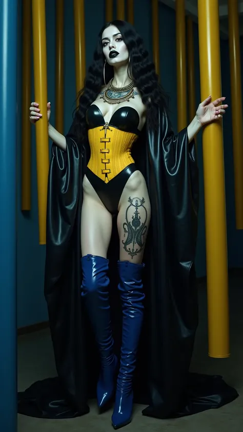 ANGELINA JOLIE, Dominatrix  , pale skin, vampire, nosferatu, dracula, BDSM, blue yellow latex , brilliant, metallic, corps latex noir, longue jupe crayon en latex noir, transparent  latex Japanese latex kimono  , blue latex over the knee boots extrem high ...