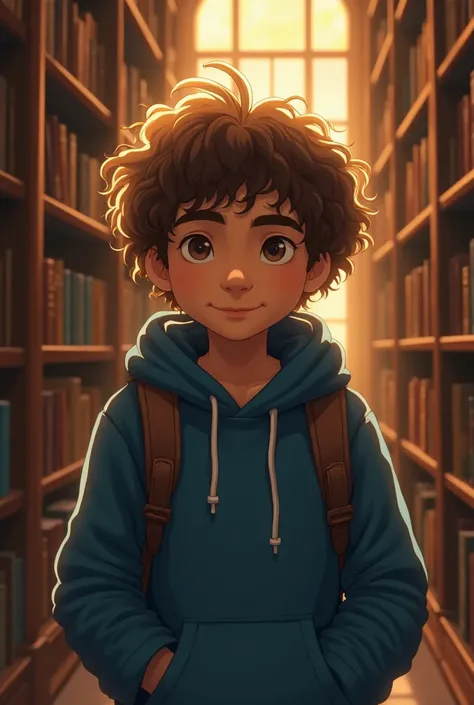 A , with curly brown hair and an innocent face, enters the library wearing a blue hoodie and backpack. He has a slight smile on his face. Ancient books full of high and high shelves and floating in the golden light of the sun create a mysterious atmosphere...