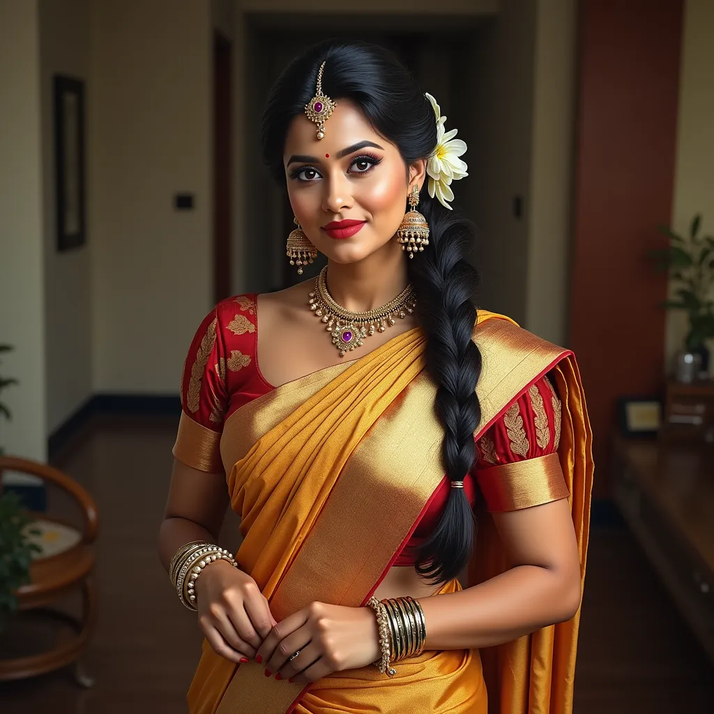 Gorgeous fair mature womens in 30s wearing kanchipuram silk saree, Pleated cap Puff Sleeve Blouses, look ultra realistic human wearing bangle, wearing bindi, gold Jhumka Earrings and necklace, long Hair Braid on right side flower in hair, curvy, hourglass ...