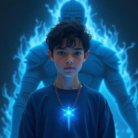 15-year-old boy in blue sweatshirt with mystical powers with blue reflections , behind him A larger figure with blue aura in the shape of a medieval warrior with mystical touches , The figure behind him is blurred , On the boy's neck a necklace with a blue...