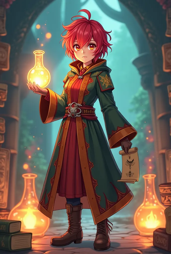 
"Full-body RPG alchemist character in anime style. The character is a redhead, approximately 1.5 meters tall, wearing a student alchemist outfit. The outfit includes a long robe with alchemical symbols, a belt with potion vials and tools, and sturdy boots...