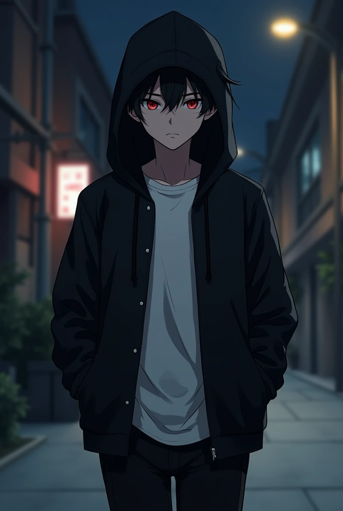 A  anime handsome guy with narrowed red eyes , both hands in jacket's pockets, a blank black fit jacket and a white t-shirt  , black spiky hair , jacket hat covers his head so his face is hidden in its shadow . a handsome body as a sign of exerciser being ...